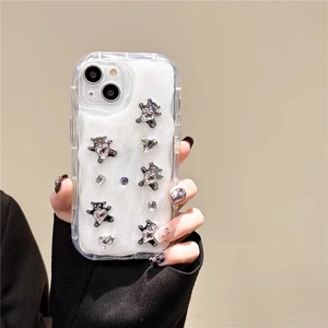 Sparkly rhinestone bear phone case for iPhone with silver wavy edges and heart crystals