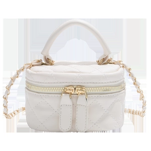 White quilted mini bag with golden chain strap and top handle for women