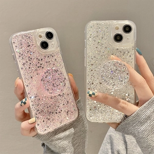 Custodia per iPhone 16 glitterata con supporto pieghevole coordinato in rosa e argento