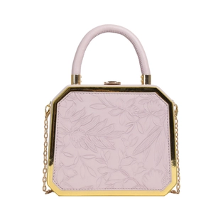 Pink octagonal evening box bag with 3D floral embossing and gold chain strap