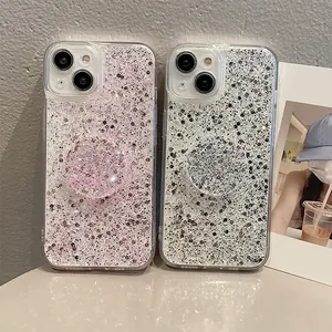 Custodia per iPhone 17 glitterata con paillettes rosa e blu e supporto pop-socket abbinato