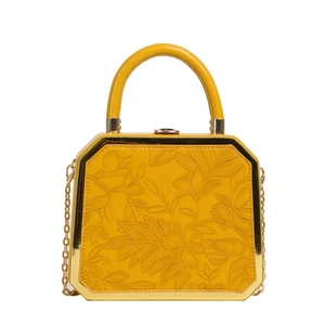 Yellow octagonal box handbag with floral embossing and gold chain strap for women