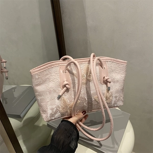 Pale pink lace tote bag with floral embroidery and 3D butterfly floral appliques