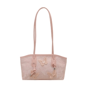 Pink butterfly embroidery underarm bag with relief texture and double knotted straps