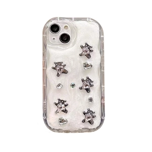Chic iPhone case with sparkling rhinestone bear and pearlescent cream finish
