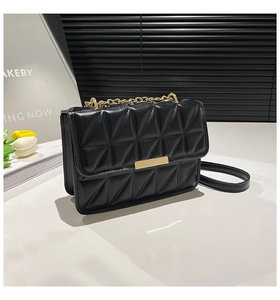 Close-up of black quilted shoulder bag with gold metal clasp and chain strap detail