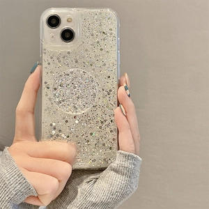 Custodia trasparente glitterata per iPhone con supporto pop socket scintillante abbinato