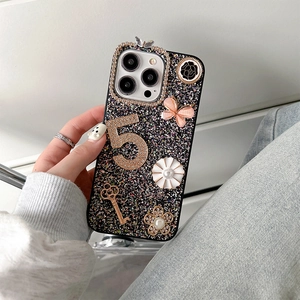 Luxury bling iPhone case with black glitter, crystal number 5, and butterfly charms
