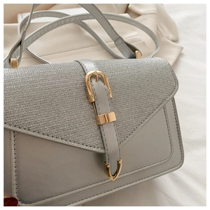 Detail of silver glitter flap and gold buckle on a minimalist crossbody bag