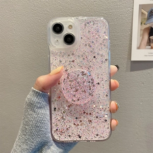 Custodia iPhone rosa glitterata con paillettes olografiche e supporto per dita