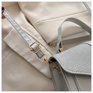 Detail of glitter texture fabric and gold metal hook on stylish crossbody bag