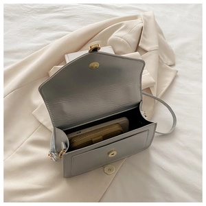 Internal view of light gray crossbody bag showing space for a phone and wallet