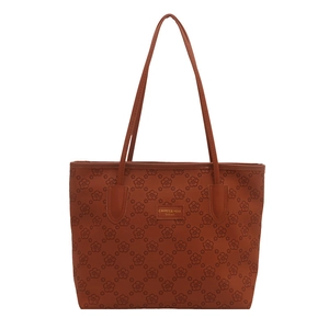 Large capacity brown tote bag with embossed floral pattern for women