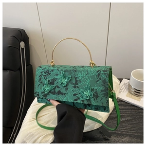Dark green lace handbag featuring elegant 3D butterfly embroidery and gold metal handle