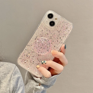 Vista dettagliata della cover rosa glitterata per iPhone con supporto pop socket