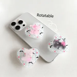 Heart Shaped Rotating Phone Grip Acrylic Cute Pink Cat Pattern Bow Desktop Expanding Stand Mobile Phone Accessory