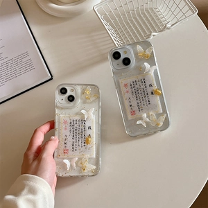 Transparent iPhone case with 3D white butterflies and gold foil decorative details
