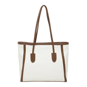 Retro white and brown contrast color tote bag with large capacity