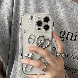 Clear iPhone case with silver 3D heart angel relief and industrial pull ring decor