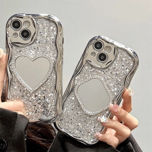 Silver plated wavy phone case for iPhone with sparkly glitter and heart mirror