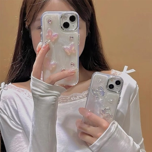 Glitter butterfly phone case for iPhone 17 Pro Max with pearl bow and rhinestone details
