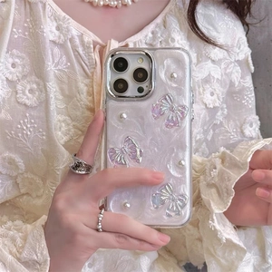 Glitter butterfly iPhone case with pearl bowknot and sparkling rhinestones for women