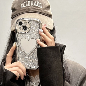 Silver electroplated wavy phone case with glitter sequins and heart mirror for iPhone