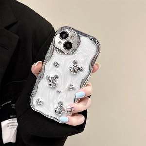 Luxury pearl white bear iPhone case with wavy silver plating and crystal rhinestones
