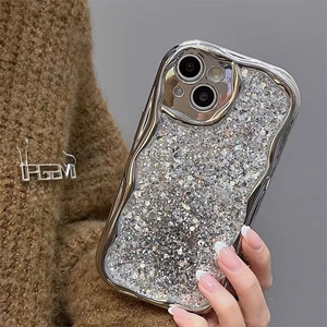 Silver wavy edge phone case with glitter sequins and metallic finish for iPhone 16 Pro Max