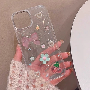 3D Blumen Handyhülle für iPhone mit süßen Schleifen, Perlen und Kirsch-Anhängern