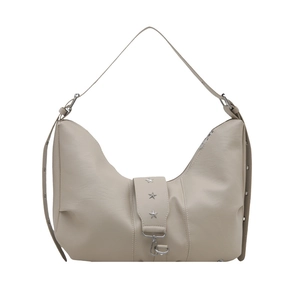 Chic beige PU leather crescent hobo bag with silver star rivets and adjustable strap