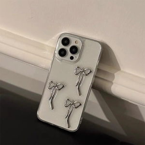 Glittery pearl white case with 3D silver bows for iPhone, stylish shockproof design