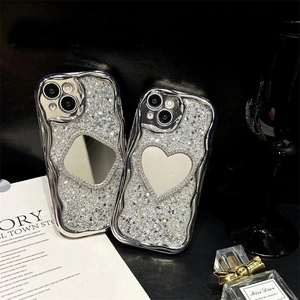 Luxury electroplated silver iPhone case with glitter rhinestones and heart makeup mirror