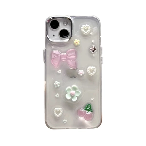 Blumen iPhone Hülle mit 3D Schleife und Kirsch-Anhängern auf klarer Schutzschale