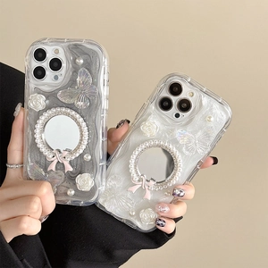 Coque iPhone Avec Miroir De Maquillage Künstliche Perle Papillon Fleur Décoration TPU Luxe Esthétique Douce Pour Femmes Filles
