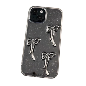 Glitter black iPhone case featuring three 3D silver metal bows and full camera protection