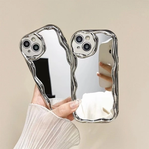 Silver wavy mirror phone case with liquid metal texture for iPhone 16 and 17 Pro Max