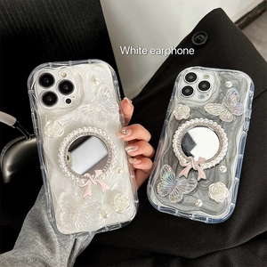 Coque iPhone luxe avec miroir perle, fleurs 3D et nœud rose en blanc et gris
