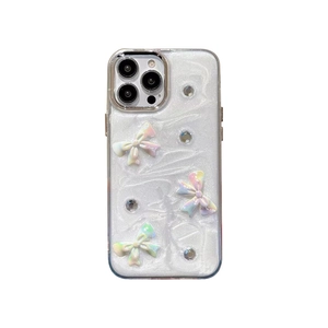 Sparkling white iPhone case with silver glitter, 3D pearl bows and rhinestone accents