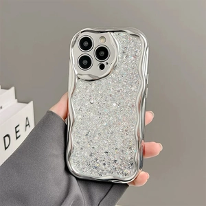 Silver wavy edge iPhone case with glitter backplate and electroplated metal finish