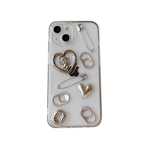 Transparent iPhone case with silver angel heart motifs and metal ring pull accessory