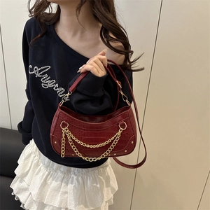 Retro burgundy faux crocodile shoulder bag with golden chain and adjustable strap