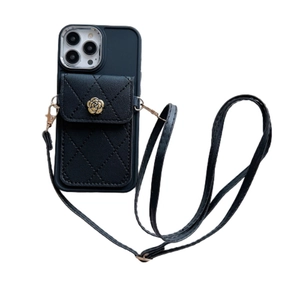 Black quilted leather cross-body case for iPhone with card pouch and golden rose decor
