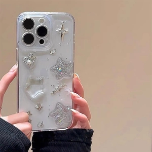 Glitter star moon clear iPhone case with silver 3D stars and pearl heart charms