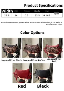 Detailed size chart and multi-color leopard print baguette bag options for women