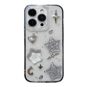 Glittering star and moon phone case for iPhone with pearl heart charms on white background
