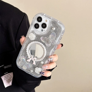 Coque iPhone miroir avec fleurs perles et papillon 3D pour femmes élégantes