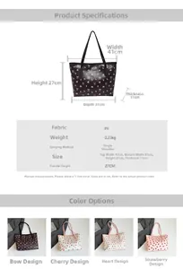 Detailed size specifications and material chart for printed PU leather tote bags