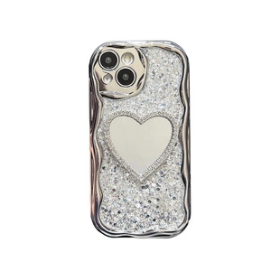 Silver plated iPhone case with heart mirror, glitter texture, and wavy edge frame
