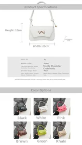 Detailed size chart for bow baguette bag showing 20x12x5cm dimensions and color options